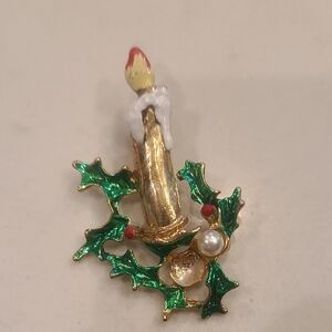 Festive Candle Brooch with Holly